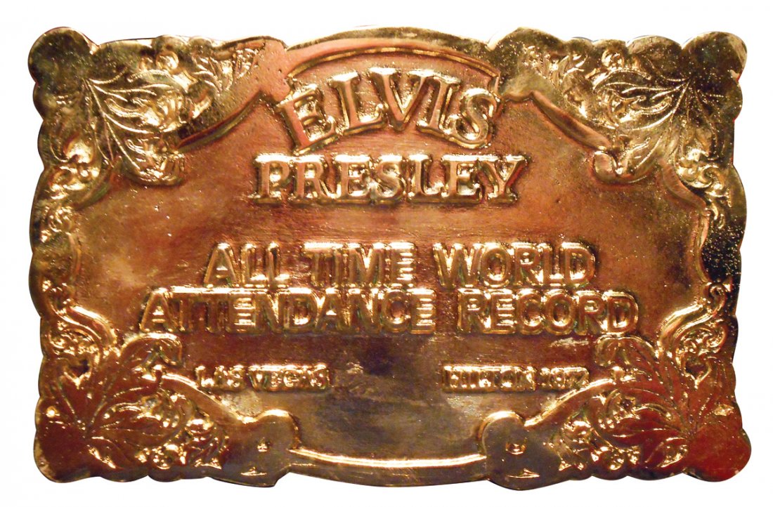 Elvis Presley award & mold, All Time World Attendance: Elvis Presley award & mold, All Time World Attendance Record Las Vegas Hilton 1972, rubber 2-pc mold & cast metal award w/2 round photo rings, unique, Exc cond, molds 12"Dia.
