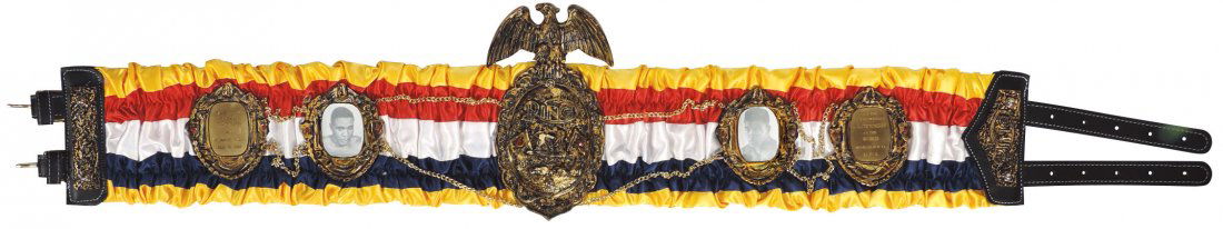 Sports, boxing championship belt, Ring Magazine Award: Sports, boxing championship belt, Ring Magazine Award w/medallions "Cassius Clay defeated Sonny Liston via 7 round T.K.O., Feb 25, 1964" & "For the Heavyweight Championship of the World, Miami Beach,