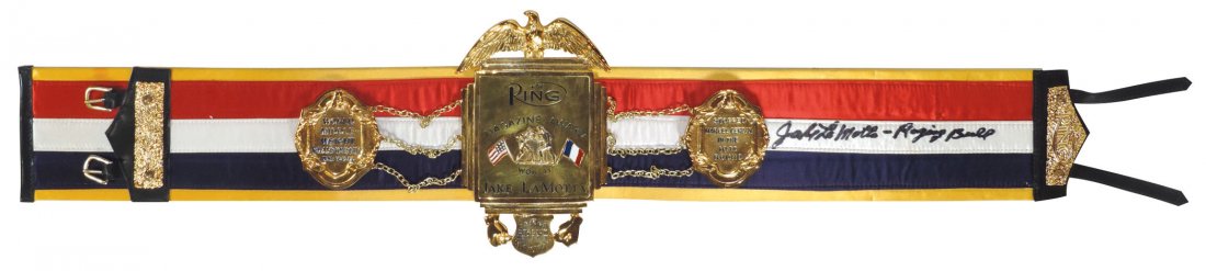 Sports, boxing championship belt, Ring Magazine Award: Sports, boxing championship belt, Ring Magazine Award won by Jake LaMotta at Briggs Stadium, Detroit, MI, medallions show "World Middle-Weight Championship June 16, 1949" & "Stopped Marcel Cerdan in t