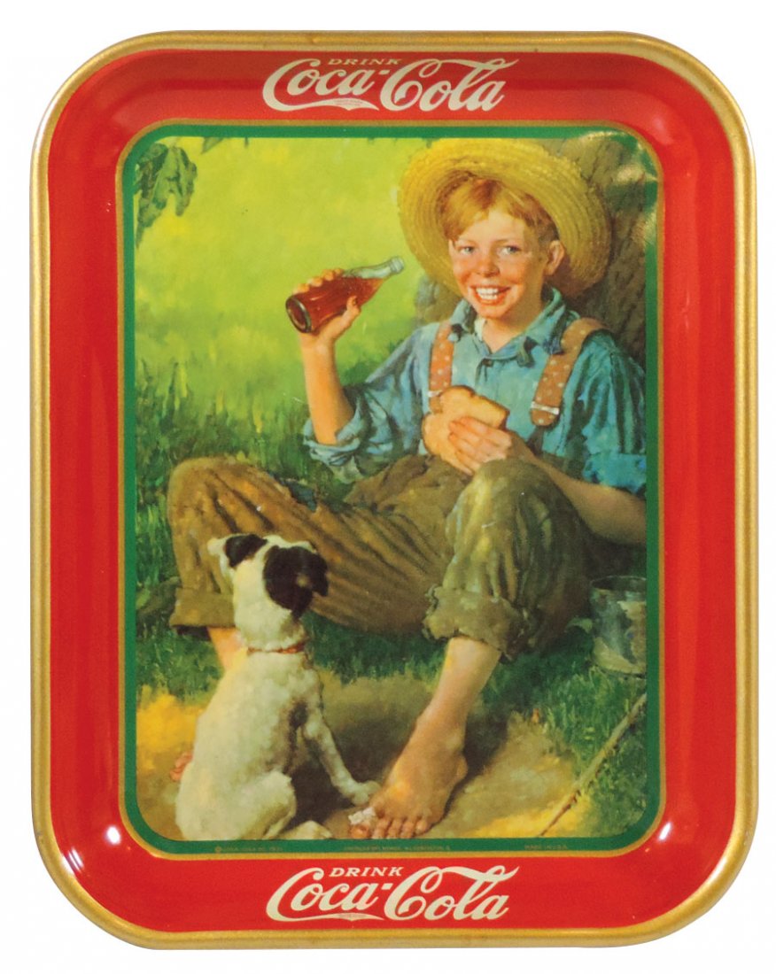 Coca-Cola serving tray, c.1931, Normal Rockwell boy: Coca-Cola serving tray, c.1931, Norman Rockwell boy w/dog, American Art Works, Exc cond, 13.25"H x 10.5"W.