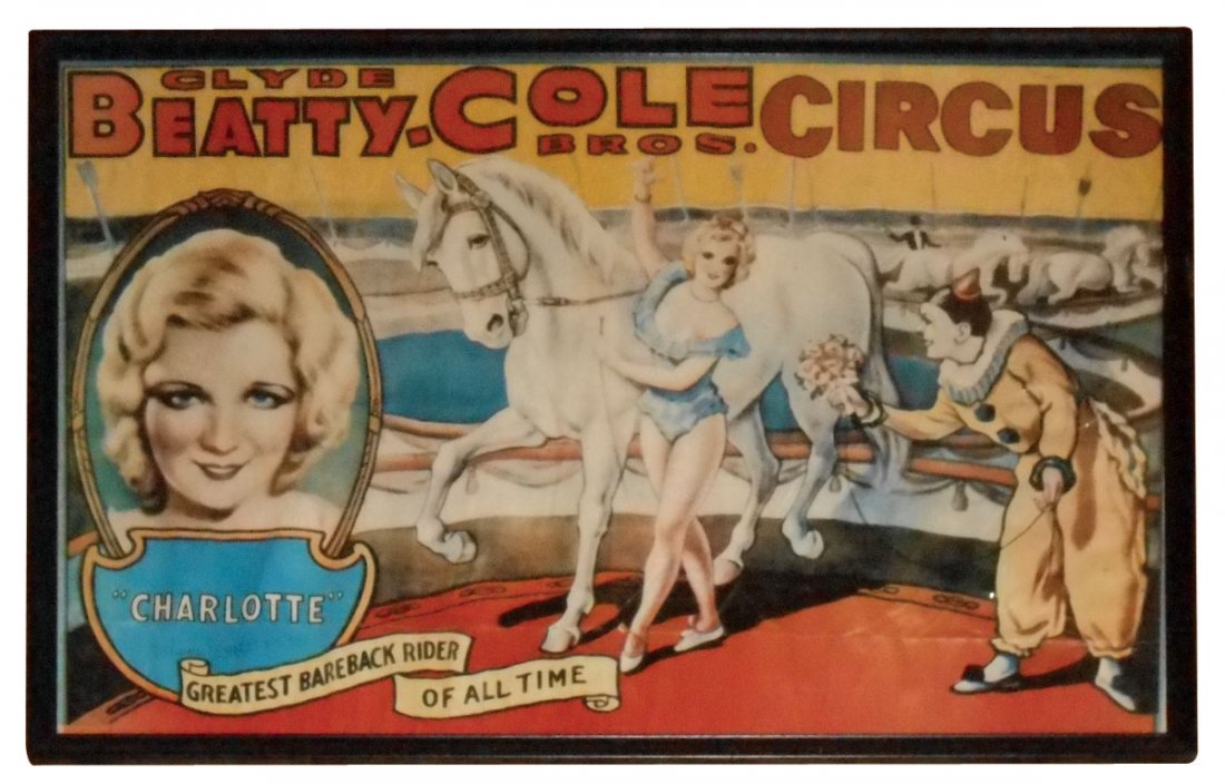 Circus poster, Beatty-Cole Bros., features Charlotte,: Circus poster, Beatty-Cole Bros., features Charlotte, the Greatest Bareback Rider of All Time, VG cond w/rippling, prof framed, 28"H x 41.5"W.