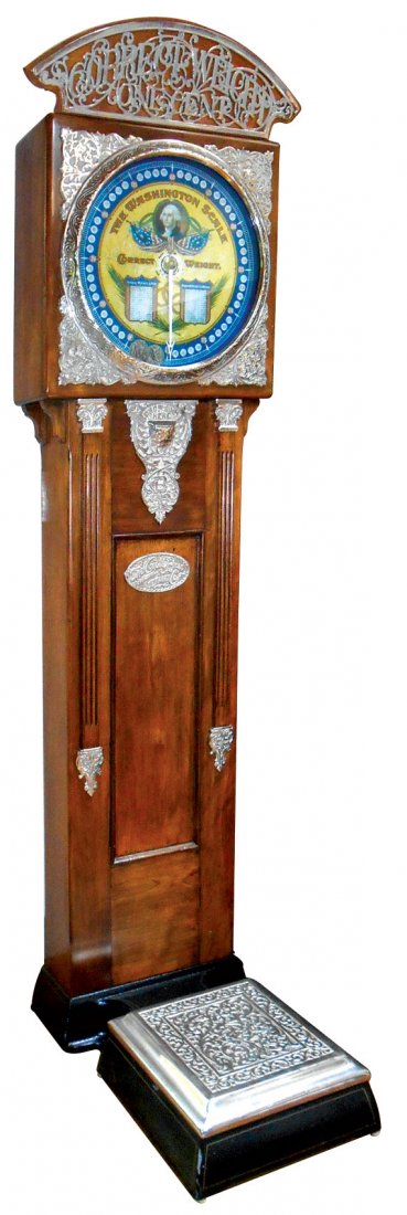 Coin-operated scale, The Washington Scale, mfgd by The: Coin-operated scale, The Washington Scale, mfgd by The Caille Bros. Co.-Detroit, Rare, c.1905, Correct Weight 1 Cent, walnut/mahogany case w/elaborate castings, metal dial w/George Washington image, S
