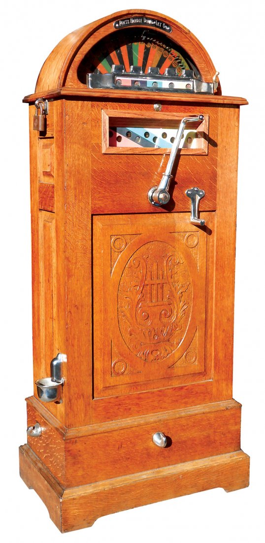Coin-operated slot machine, Berger floor model, mfgd by: Coin-operated slot machine, Berger floor model, mfgd by Paul E. Berger Mfg. Co.-Chicago, c.1900, oak cabinet, was made to run on batteries, Restored & converted to 110V, this 5 cent machine works with