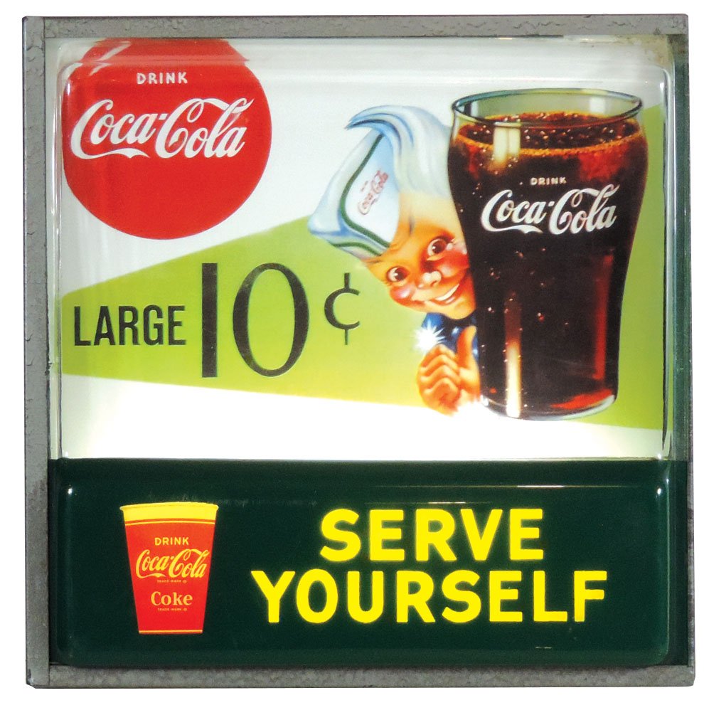 Coca-Cola light-up sign, mfg by Hanover Neon Electric: Coca-Cola light-up sign, mfg by Hanover Neon Electric Corp-Columbus, Ohio, metal case w/molded plastic face, contemporary Sprite Boy paper insert, missing pc of rt edge trim, o/wise VG working cond, 1