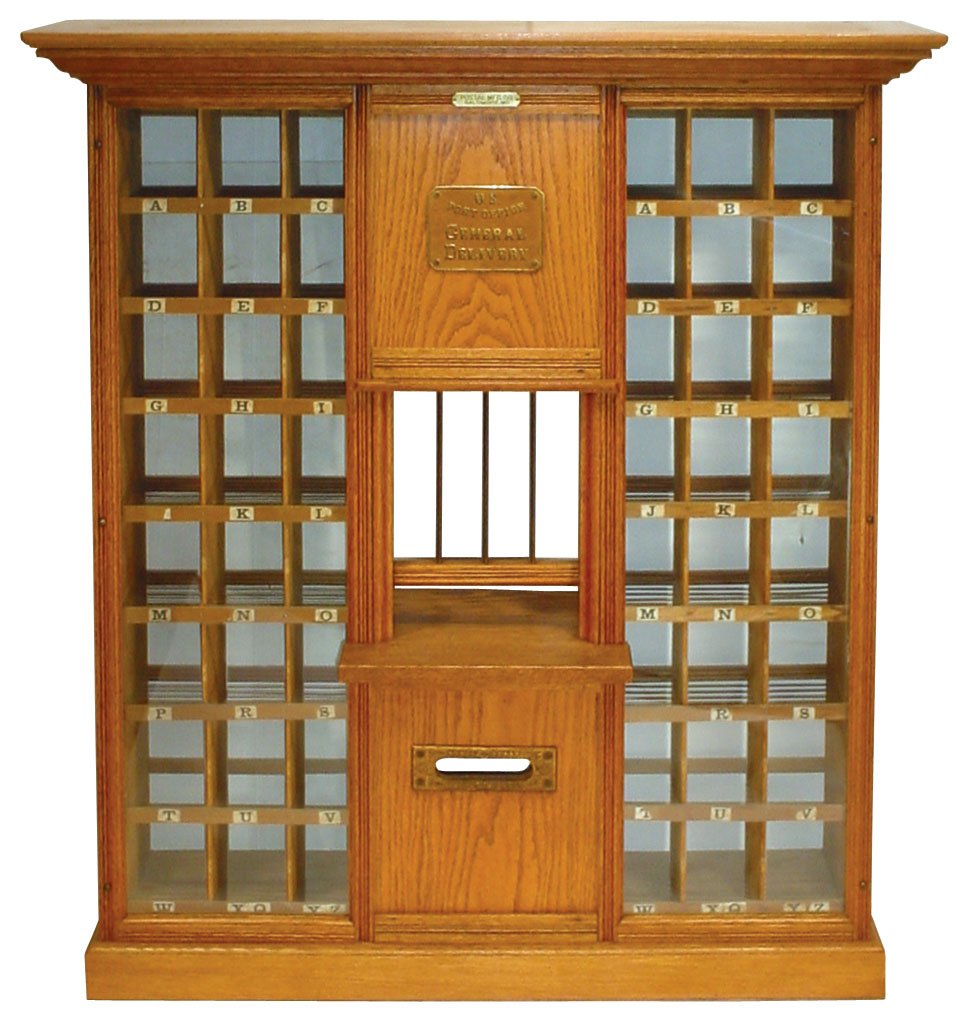 Post office window, U.S. Post Office General Delivery,: Post office window, U.S. Post Office General Delivery, mfgd by Postal Mfg. Co.-Baltimore, MD, oak w/48 windows, c.1910, beautifully restored, Exc cond, 47"H x 40.5"W.