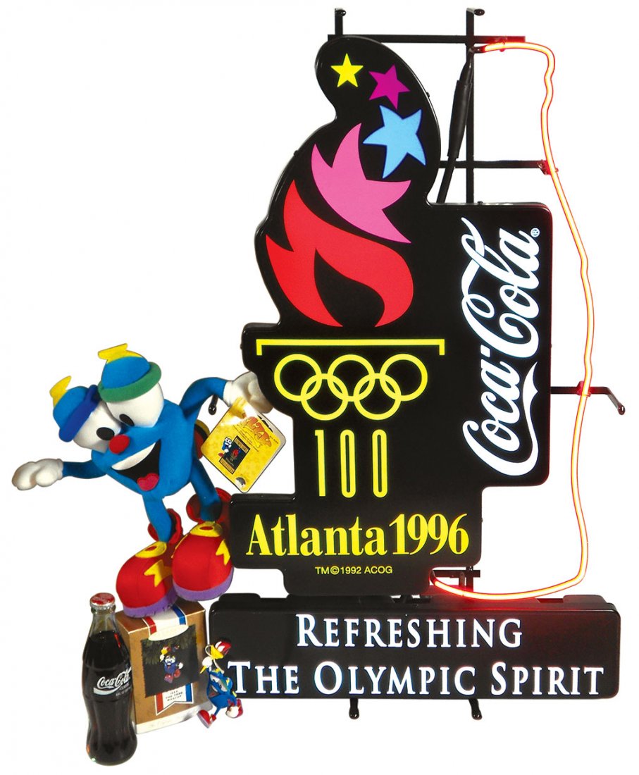 Coca-Cola 100th Anniversary neon sign & mementos (4),: Coca-Cola 100th Anniversary neon sign & mementos (4), Atlanta 1996 Olympic light-up sign w/neon bottle, one of just 17 made, 33"H x 19"W; full 8 oz bottle of Coca-Cola Classic, 7.75"H; 1996 Olympic Ma