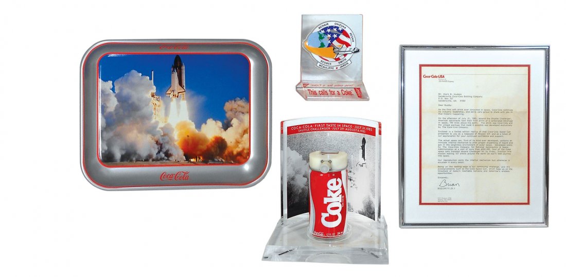 Coca-Cola mementos (8), First Taste in Space, July 31,: Coca-Cola mementos (8), First Taste in Space, July 31, 1985, Shuttle Challenger limited edition replica can in plastic display & orig box, display Exc cond/Box VG+ cond, 9.25"H x 8.75"W x 6.95"D; fram