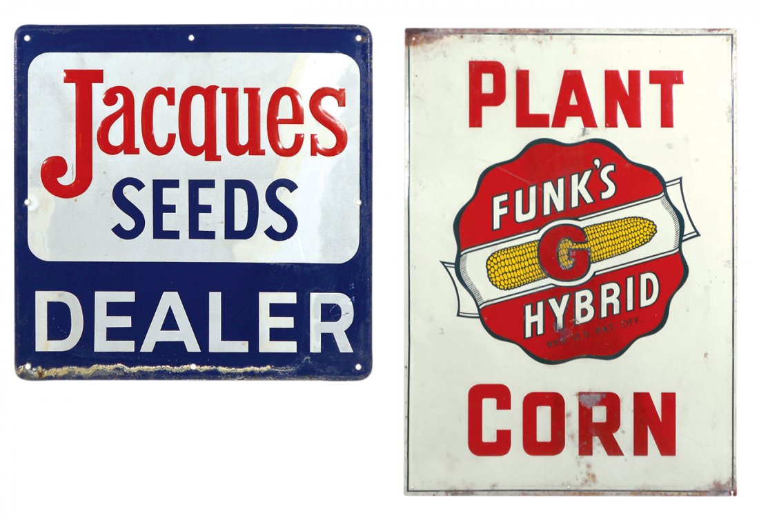 Seed corn signs (2), Funk's Hybrid Seeds, VG cond: Seed corn signs (2), Funk's Hybrid Seeds, VG cond w/minor edge rust, 27.75"H x 19.75"W & Jacques Seeds Dealer (2-sided), VG cond, 24"Sq, both self-framed embossed metal.