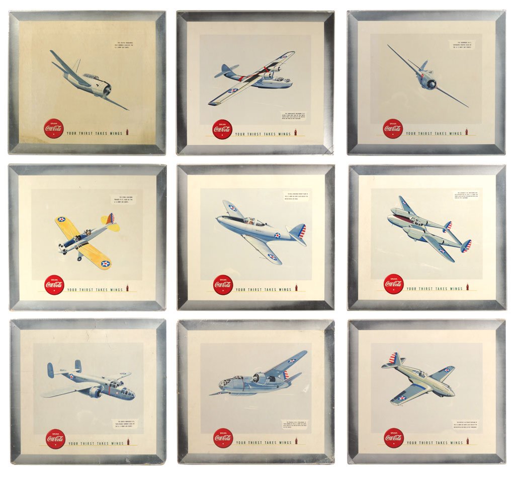 Coca-Cola airplane signs (9), cdbd lithos, c.1940's,: Coca-Cola airplane signs (9), cdbd lithos, c.1940's, some marked "Snyder & Black Inc.-NY," Good to VG cond, 20"H x 22"W.