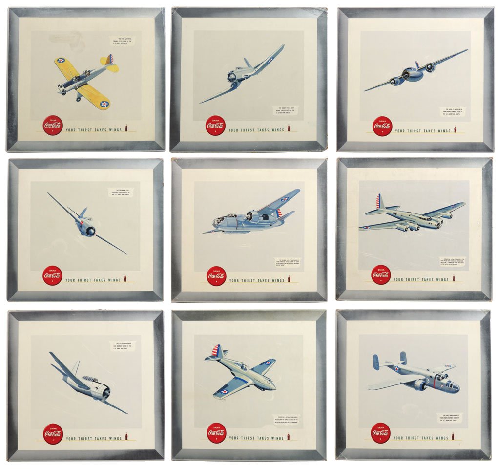 Coca-Cola airplane signs (9), cdbd lithos, c.1940's,: Coca-Cola airplane signs (9), cdbd lithos, c.1940's, some marked "Snyder & Black Inc.-NY", Good to VG cond, 20"H x 22"W.