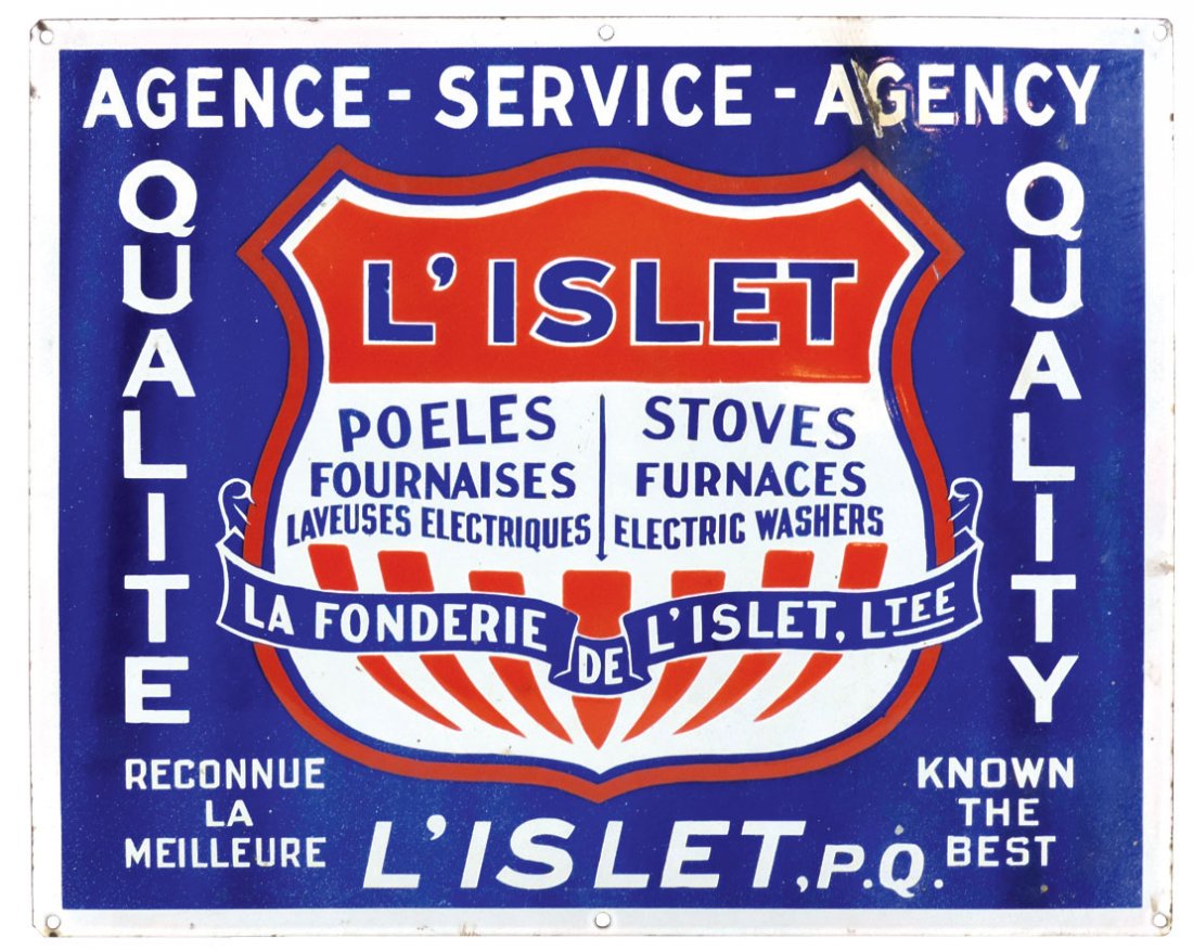Hardware store sign, L'Islet Service Agency for Stoves,: Hardware store sign, L'Islet Service Agency for Stoves, Furnaces, Electric Washers (words also in French), porcelain, VG cond w/white paint showing through blue areas & some losses, 24"H x 30"W.