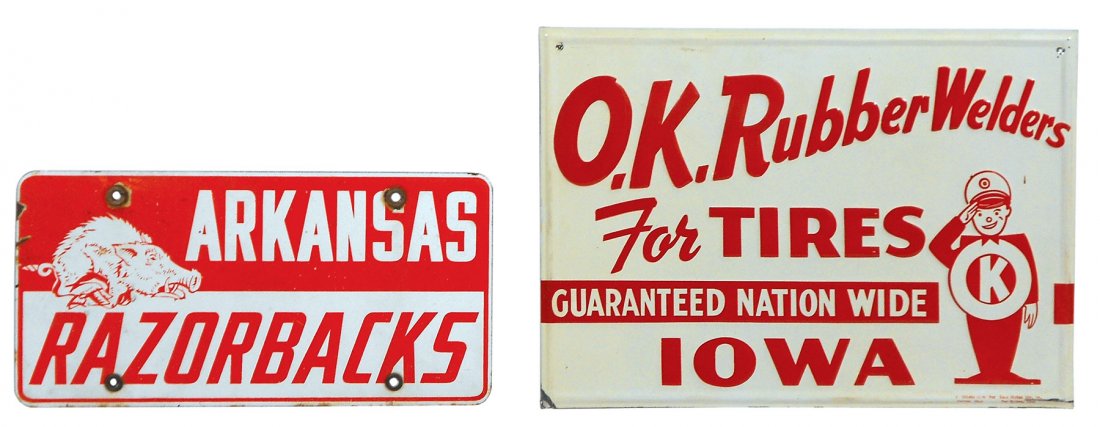 Advertising signs (3), Jeco Keys Made, 2-sided metal: Advertising signs (3), Jeco Keys Made, 2-sided metal flange by Press Sign Co.-St. Louis, VG cond, 14"H x 24.5"W; O.K. Rubber Welders for Tires-Iowa, by Scioto Sign for Corn States Adv.-Kenton, OH & De