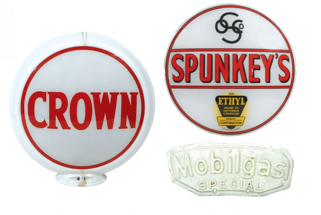 Petroliana, gasoline globe & pump plates (3), Crown May 03, 2015
