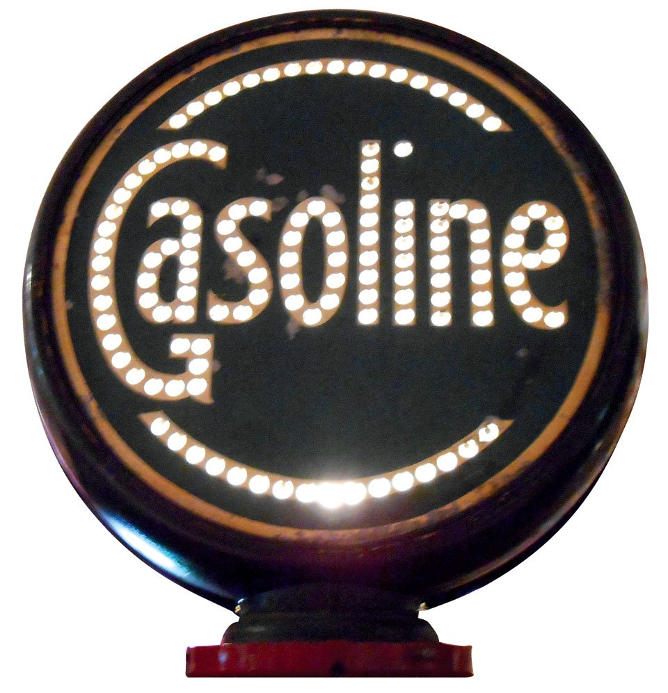 Petroliana, "Gasoline" globe, sand-painted perforated: Petroliana, "Gasoline" globe, sand-painted perforated metal in metal body, VG+ cond, 19"H x 16.75"W.