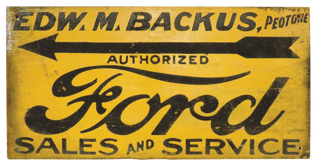 Automobilia, sign, Ford Sales & Service, Edw. M.: Automobilia, sign, Ford Sales & Service, Edw. M. Backus- Peotone, sand paint on wood, Exc cond, 11.5"H x 23.5"W.