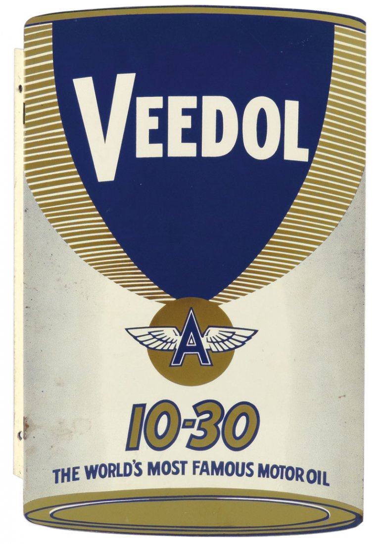 Petroliana, sign, Veedol, Flying A, 2-sided diecut: Petroliana, sign, Veedol, Flying A, 2-sided diecut metal flange, "10-30, The World's Most Famous Motor Oil", VG+ cond, 18.5"H x 13"W.