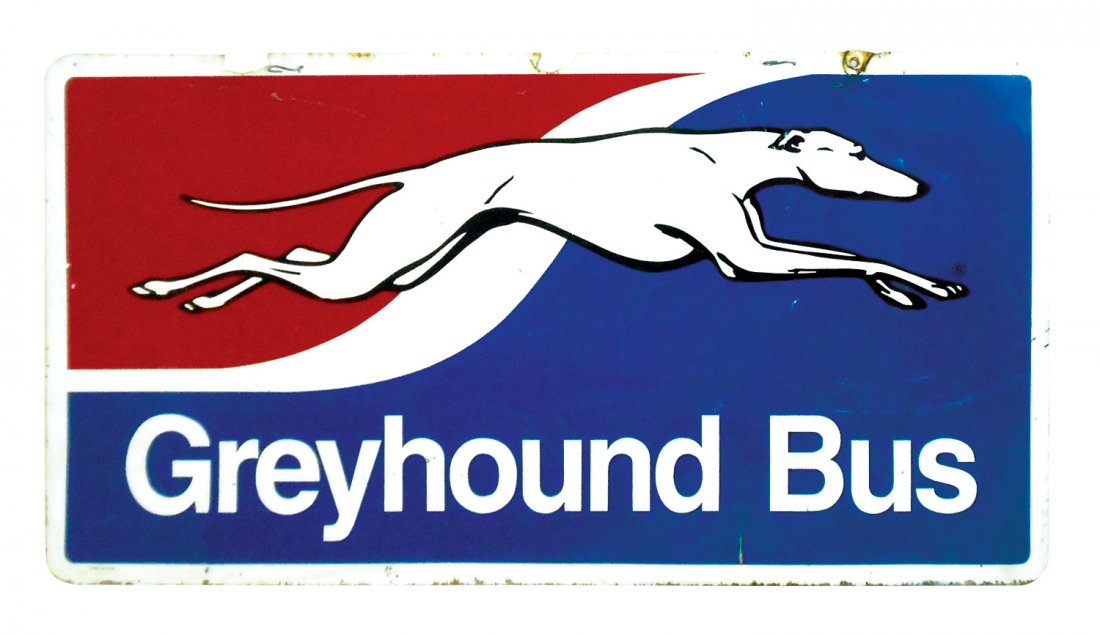 Automobilia, sign, Greyhound Bus, 2-sided metal, VG: Automobilia, sign, Greyhound Bus, 2-sided metal, VG cond w/breakout at top mounting holes, 24"H x 48"W.