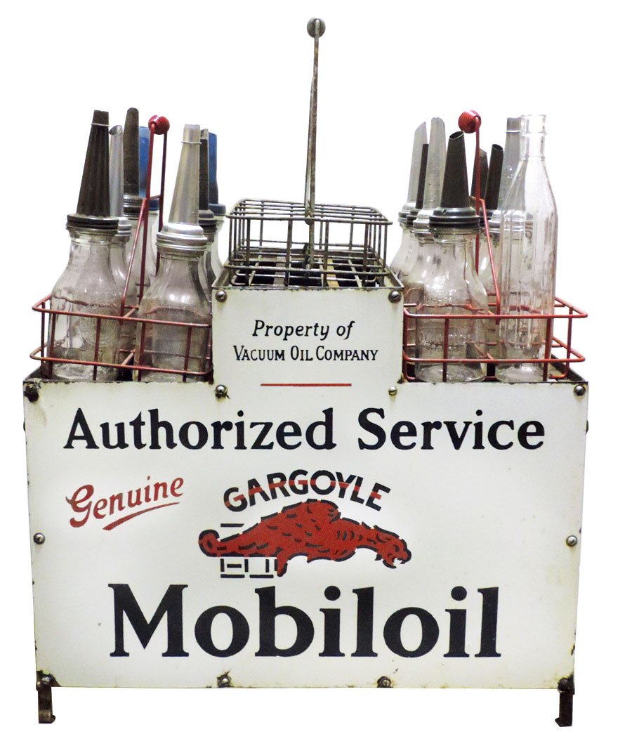 Petroliana, oil bottle rack, carriers & bottles,: Petroliana, oil bottle rack, carriers & bottles, Mobiloil Gargoyle, diecut porcelain front in VG/Exc cond & metal on reverse side in rough cond; 3 bottle carriers w/16 bottles incl (1) U-NeeK Brand, (