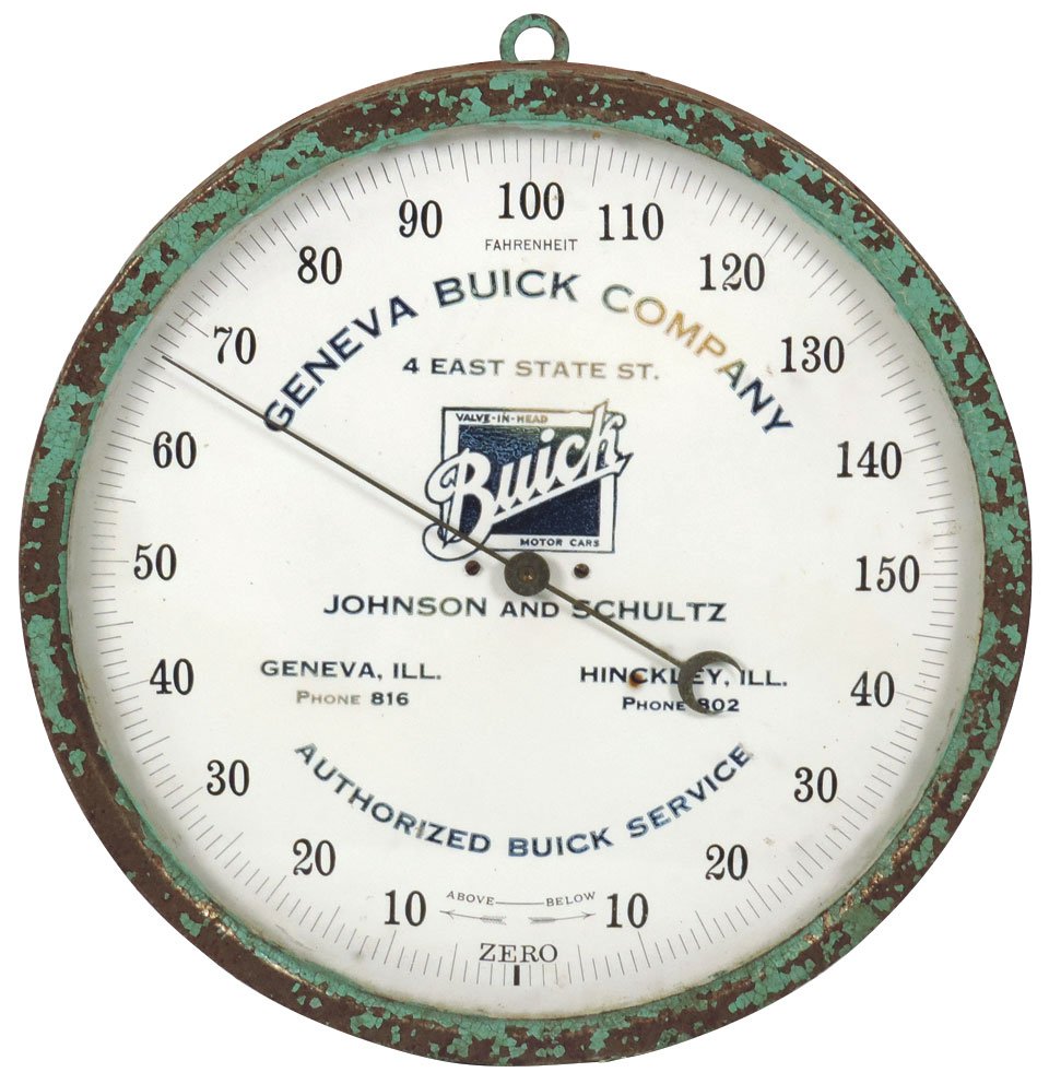 Automobilia, thermometer, Geneva Buick Company, reads: Automobilia, thermometer, Geneva Buick Company, reads above and below zero temperatures, metal, VG working cond, 9.25"Dia.