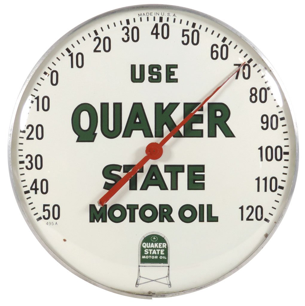Petroliana, thermometers (2), Quaker State Motor Oil &: Petroliana, thermometers (2), Quaker State Motor Oil & Ditzler Dependable Automobilia Finishes, shows reducers for different temperatures, metal & glass cases, Exc working cond, 12"Dia.