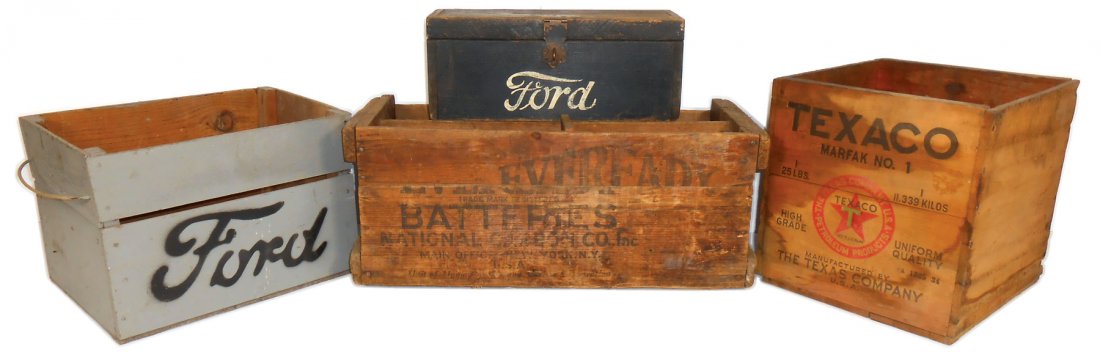 Petroliana & automotive wood boxes (4), Texaco, Ford,: Petroliana & automotive wood boxes (4), Texaco, Ford, Eveready Batteries & Ford tool box (no handle), Good & VG cond, up to 9"H x 22"W.