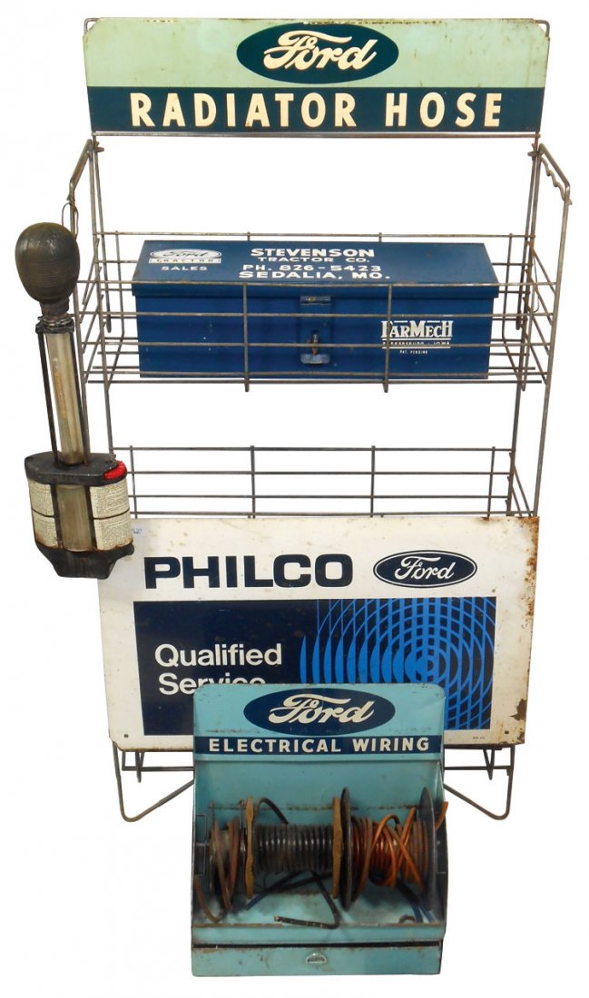 Automotive items (4), Ford Electrical Wiring display,: Automotive items (4), Ford Electrical Wiring display, Philco Ford Service 2-sided metal sign, Ford Radiator Hose display stand, wire w/metal marquee & Ford Tractor tool box from Stevenson Tractor Co.-