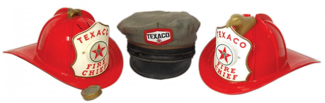 Texaco Fire Chief hats (2) & Texaco gas station: Texaco Fire Chief hats (2) & Texaco gas station attendant hat from The Leo-Meyers Co.-Columbus, O.,VG cond, one molded plastic Fire Chief hat is missing eagle, other missing top trim & speaker.
