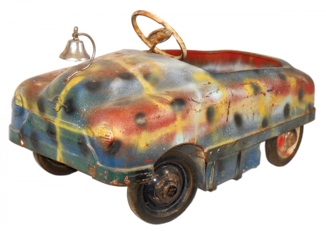 Carnival kiddie ride car, pressed steel,: Carnival kiddie ride car, pressed steel, Sherwood-Walden-NY, c.1940's-1950's, missing windshield but has bell, Good cond w/old camo repaint, 22"H x 38"L.