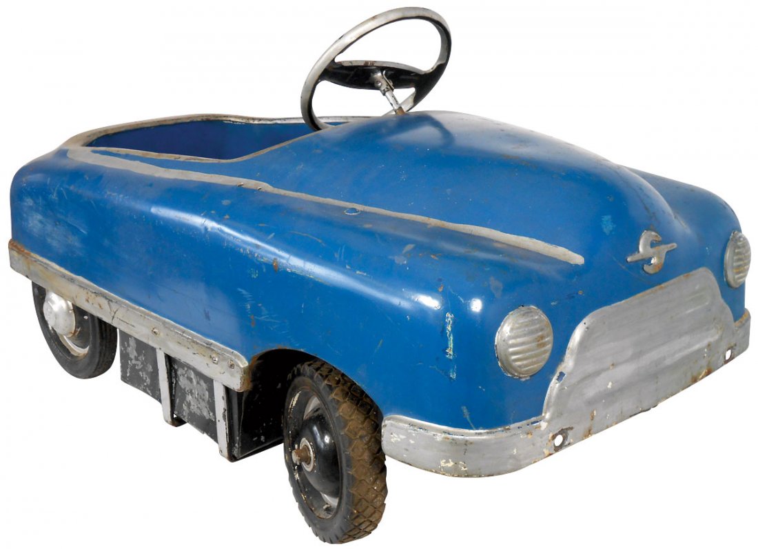 Carnival kiddie ride car, pressed steel,: Carnival kiddie ride car, pressed steel, Sherwood-Walden-NY, c.1940's-1950's, missing windshield, Good+ cond w/old blue repaint, 22"H x 38"L.
