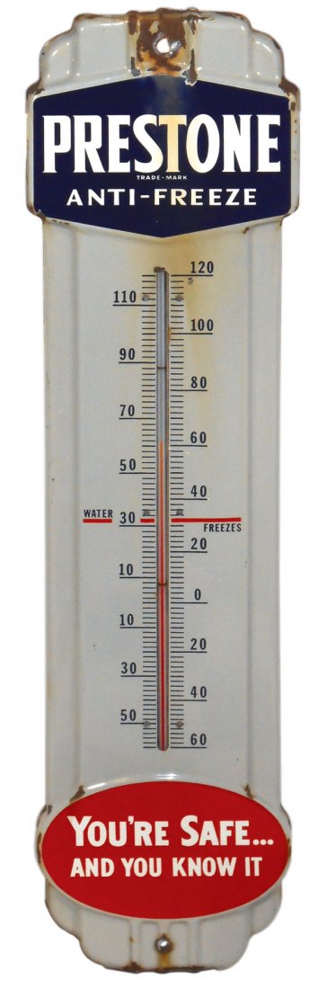 Petroliana thermometer, Prestone Anti-Freeze,: Petroliana thermometer, Prestone Anti-Freeze, porcelain, VG cond w/edge wear, 36"H x 9"W.