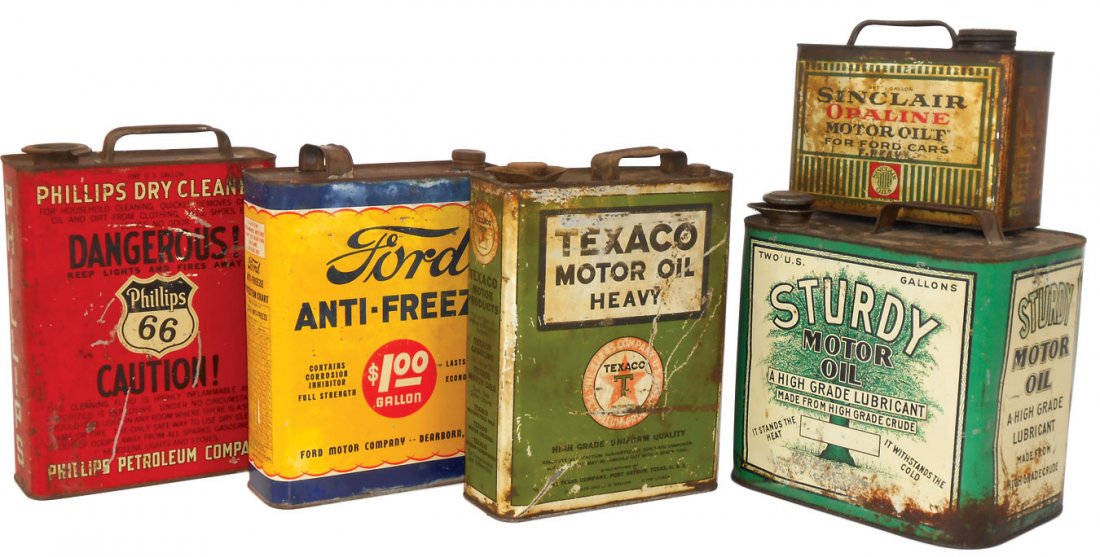 Petroliana motor oil & anti-freeze cans (5), Sinclair: Petroliana motor oil & anti-freeze cans (5), Sinclair Opaline, Texaco, Sturdy, Phillips 66 & Ford Anti-Freeze, qt to gal cans in Good cond, 5.5" to 10"H.