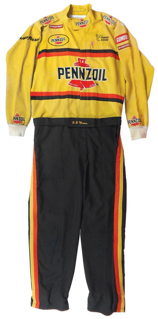 Automotive racing uniform, Pennzoil w/logo for Bahari: Automotive racing uniform, Pennzoil w/logo for Bahari Racing, belt reads "B J Moose", c.1980's, VG cond w/light wear, medium size.