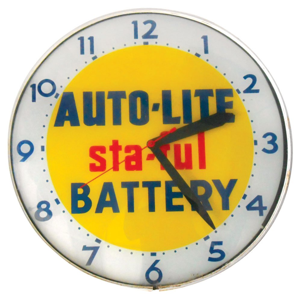 Automotive clock, Auto-Lite Battery, metal light-up,: Automotive clock, Auto-Lite Battery, metal light-up, mfgd by Lackner, missing bulb cover plate on back, o/wise Exc working cond, 18.5"Dia.