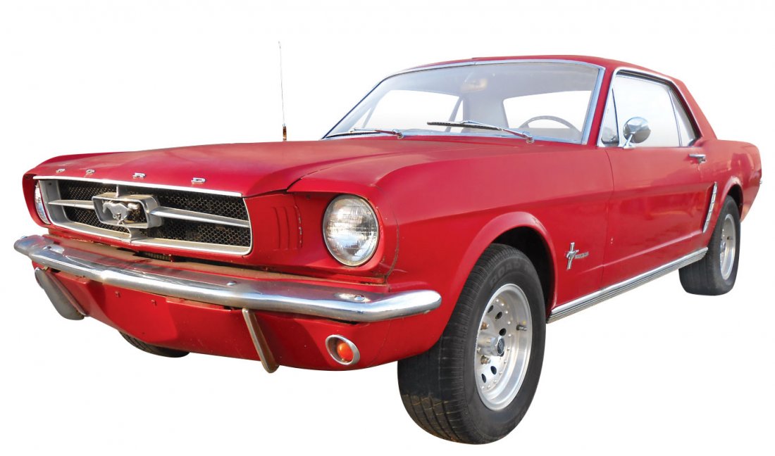 Automobile, 1965 Ford Mustang Coupe. Red with white: Automobile, 1965 Ford Mustang Coupe. Red with white interior. Six-cylinder, newly rebuilt engine (200) with hardened heads (for unleaded gas) and automatic trans. Weld racing wheels. 27,536 miles. Sol