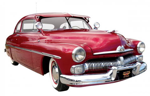 Automobile, 1950 Mercury 2-Dr Sedan. Dramatic deep: Automobile, 1950 Mercury 2-Dr Sedan. Dramatic deep burgundy with new deep red pleated cloth interior. Flathead V-8 (255 cu in). Twin tear-drop spotlights, visor, fender skirts and wide white walls. Be