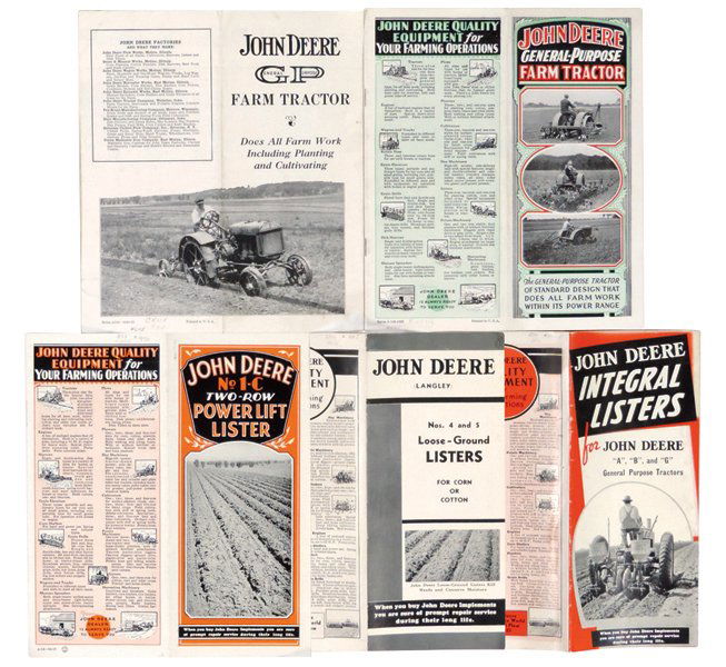 John Deere brochures (5), Integral Listers for "A",: John Deere brochures (5), Integral Listers for "A", "B" & "G" GP Tractors, 8-pg A288-39-9; Langley Loose-Ground Nos. 4 & 5, 4 pg A-340-36-10; GP Farm Tractor 20-pg Series A-148-1929; GP Farm Tractor,