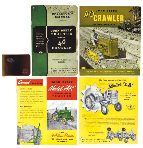 John Deere brochures & money clip (5), 40 Crawler 4 & 5: John Deere brochures & money clip (5), 40 Crawler 4 & 5 roller, A-854-54-12, 24 pgs, 1954, Near-Mint cond, Model AR Standard-Tread Tractor, A-768-51-12, 16 pgs, 1951, Exc cond, Model LA Tractor, A-360