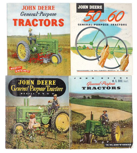 John Deere brochures (4), GP Tractors A, B, G, H, 40: John Deere brochures (4), GP Tractors A, B, G, H, 40 pgs, A456-40-1, Near-Mint cond; GP Tractors 50 & 60, 36 pgs, A789-52-5, 1955, VG cond; GP Tractors A, B, G, H, 40 pgs, A456-40-11, 1940, VG cond &