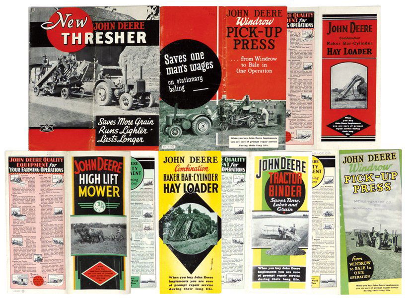 John Deere brochures (7), High Lift Mower, 20 pgs,: John Deere brochures (7), High Lift Mower, 20 pgs, A97-3311, c.1933; Tractor Binder, 12 pgs, A143-35-5, c.1935; Combination Raker Bar-Cylinder Hay Loader fold-out, A-267-36-1, c.1936; Combination Rake