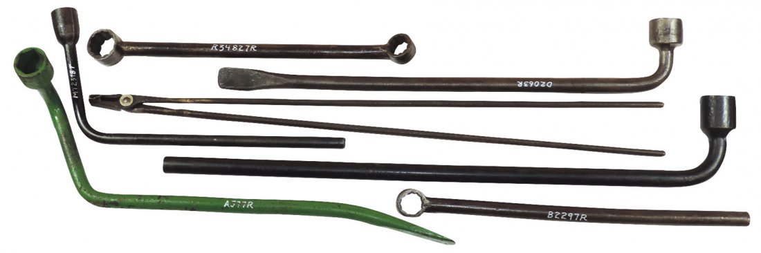 John Deere wrenches & forge tool (7), Part No. R34827R,: John Deere wrenches & forge tool (7), Part No. R34827R, tractor; Part No. B2297R, wheel, 12 point; Part No. A577R, 6"offset for G tractor; Part No. N134294, one socket; Part No. D2063R, lug bolt for s