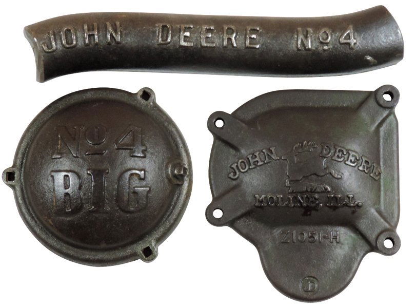 John Deere mower case covers & partial frame (3), Part: John Deere mower case covers & partial frame (3), Part No. Z105-H, 4-legged deer; Z859-H, No. 4 BIG & part of No. 4 mower frame, all embossed cast iron in Exc cond, frame 16"L.