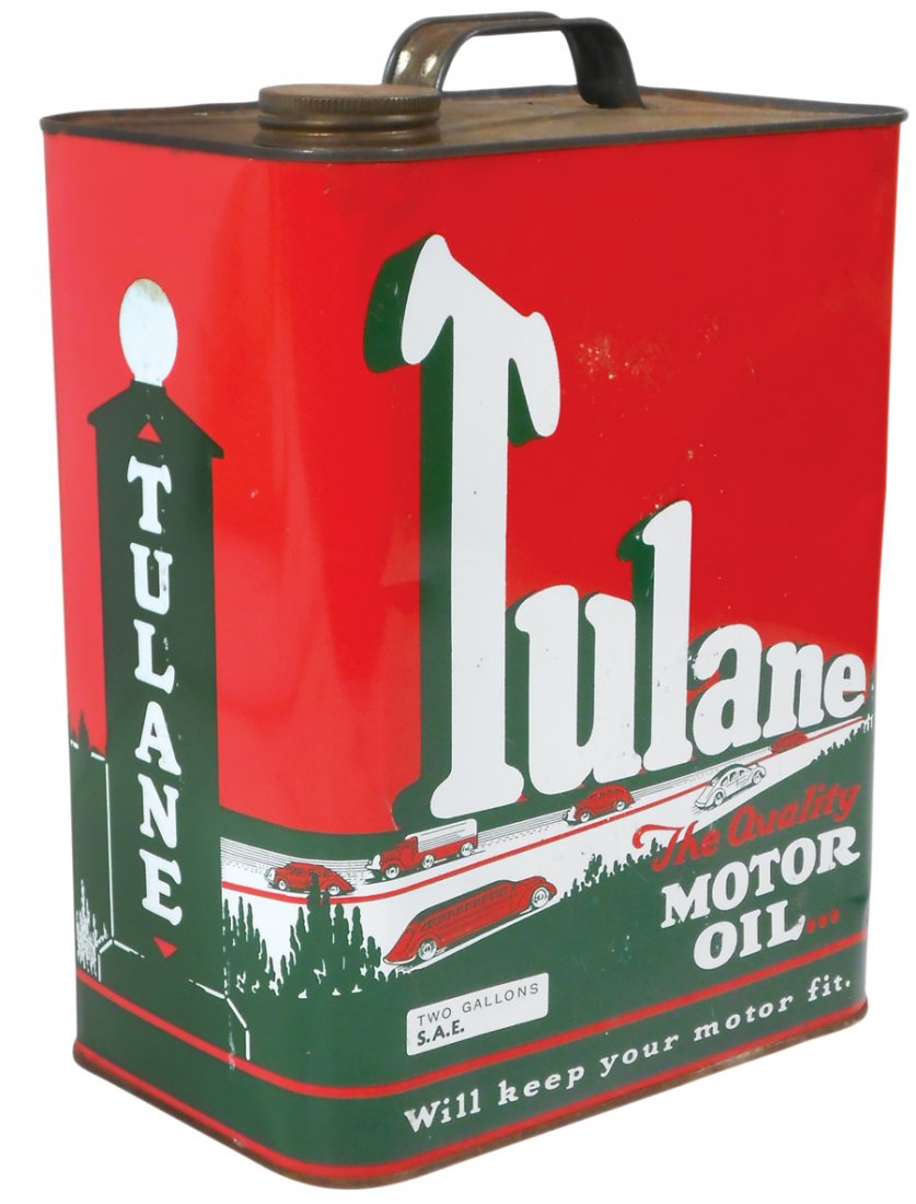 Petroliana can, Tulane Motor Oil, 2-gal, metal w/great (1 of 1)