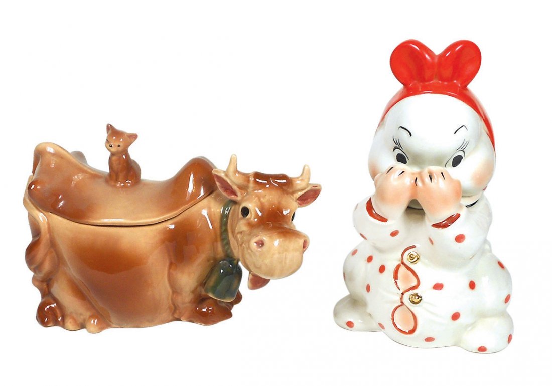 Cookie jars (2), Peek-A-Boo, designed by Ruth Van: Cookie jars (2), Peek-A-Boo, designed by Ruth Van Tellinger, made by Regal China, Exc cond w/very faint old .75" hairline on flange that seats into body & bruise on body at opening , gold trim, 12"H &