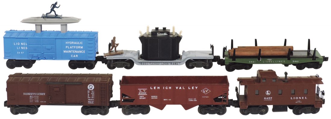 Model train cars (6), Lionel O gauge, 25000 Lehigh: Model train cars (6), Lionel O gauge, 25000 Lehigh Valley 2-bay hopper, VG; 6457 caboose, VG; 65400 Pennsylvania, box faded on one side; Lionel Lines 6461 transformer, Exc; 3461 operating log dump, VG