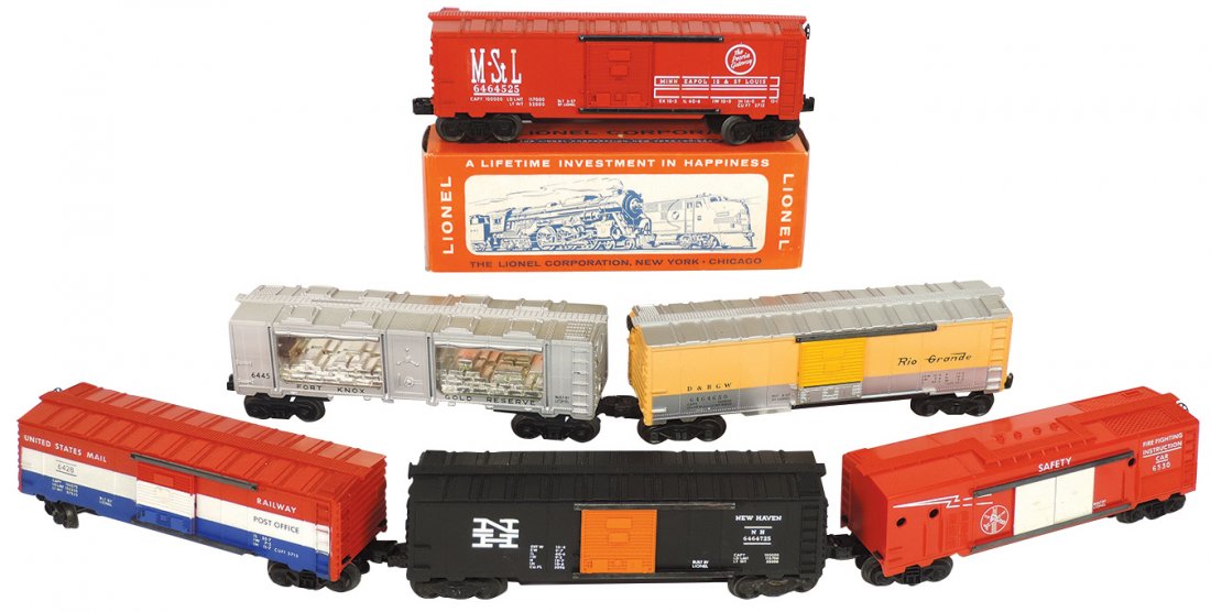 Model train cars (6), Lionel O gauge, 6464-525: Model train cars (6), Lionel O gauge, 6464-525 Minneapolis St. Louis #2, dated 6-57, Exc; 6464-650 D&RGW Rio Grande, dated 6-57, black stripe one side, VG+; 6464-725 New Haven #2 w/box, Exc; 6445 Fort