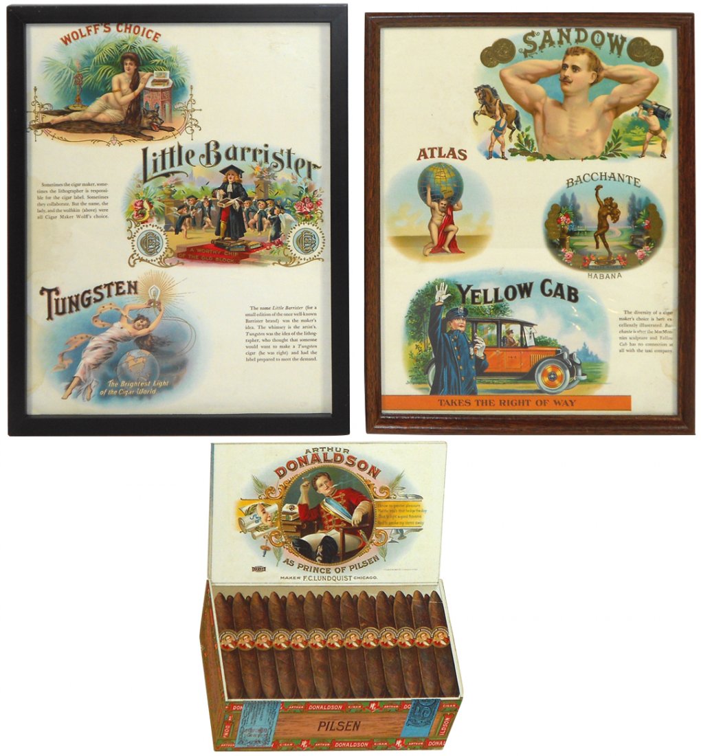 Tobacciana, cigar advertising , diecut cdbd standup for: Tobacciana, cigar advertising, diecut cdbd standup for Pilsen, Arthur Donaldson Cigar, VG cond w/slight edge damage & creasing, 11"H x 9.25"W & framed box labels for Wolff's Choice, Little Barrister &