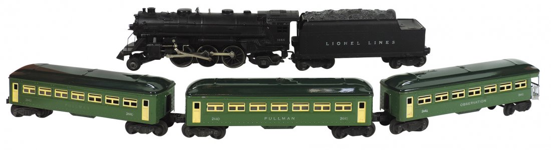 Model train cars (5), Lionel Lines O gauge, LL 1666: Model train cars (5), Lionel Lines O gauge, 1666 post-war engine w/box, 10"L; 2466 tender, 8.5"L; (2) 2440 Pullman & 2441 observation, 10.5"L, all Exc cond (box not shown).