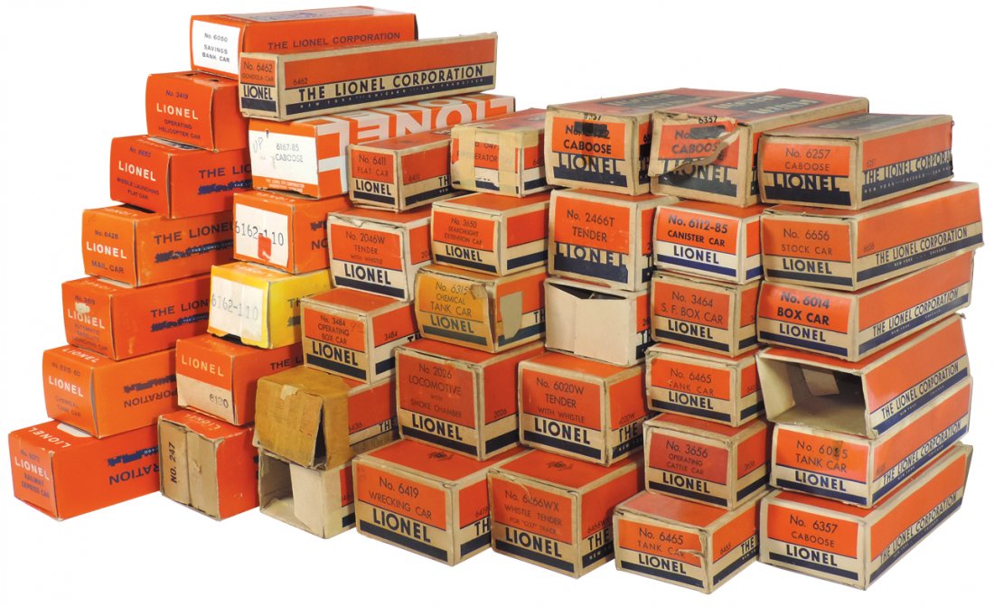 Model train car boxes (40), Lionel O gauge, for: Model train car boxes (40), Lionel O gauge, for wrecking car, 2026 locomotive, 6466 whistle tender, 6020W tender w/whistle, 6428 mail car, etc., most in Good/VG cond, up to 12.75"L.