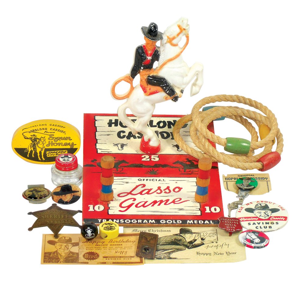 Toys (21), Hopalong Cassidy, Official Lasso Game, (4): Toys (21), Hopalong Cassidy, Official Lasso Game, (4) pinback buttons, Sheriff badge, money clip, 1938 Movie Club badge, Bar 20 tie clasp, ink bottle, X-Mas & post cards, marble & (7) coasters, all VG