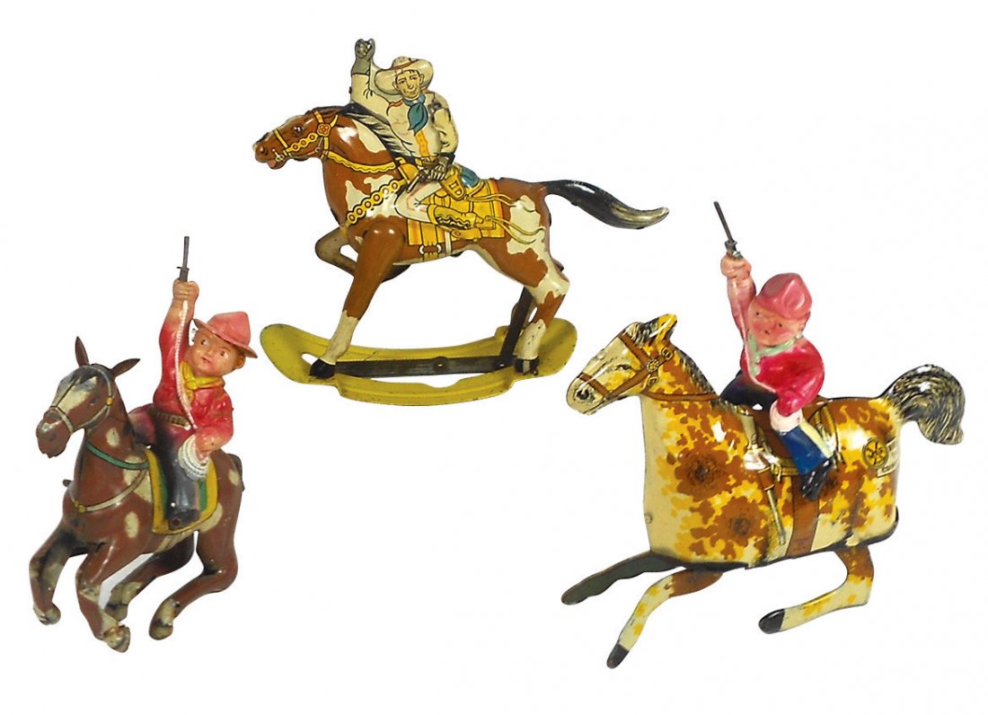 Toy cowboy litho on tin windups (3), 2 Marx, 1 Lone: Toy cowboy litho on tin windups (3), 2 Marx, 1 Lone Ranger (missing lasso) on rocking horse base, Ride 'Em Cowboy w/celluloid rider (dented face) & Japan Alps Toy Co. cowboy w/celluloid rider (missing